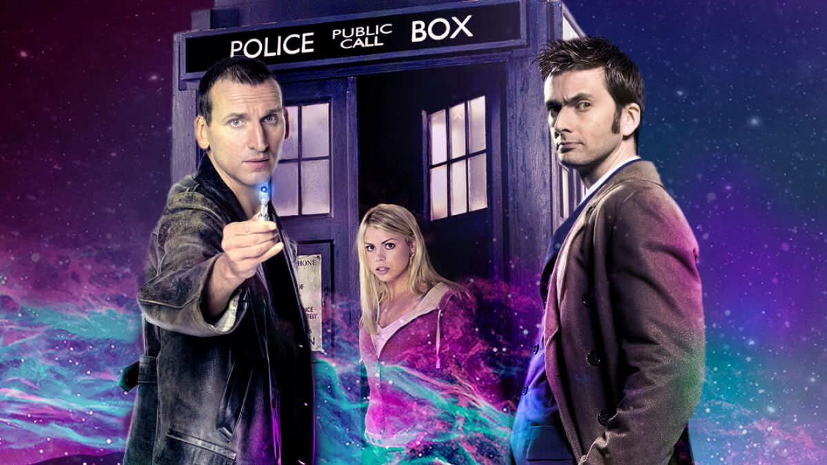 9th Doctor, Rose Tyler and 10th Doctor in front of the TARDIS